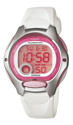 Reloj pulsera digital Casio LW-200 con correa de resina color blanco - fondo rosa - bisel rosa/plateado