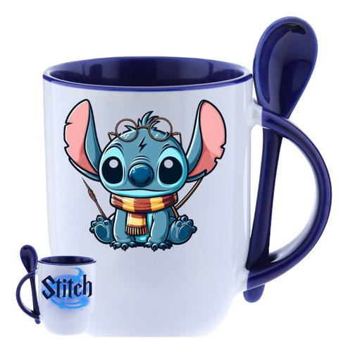 Taza Con Cuchara Stitch Harry Potter 320ml Cerámica Premium Azul Stitch