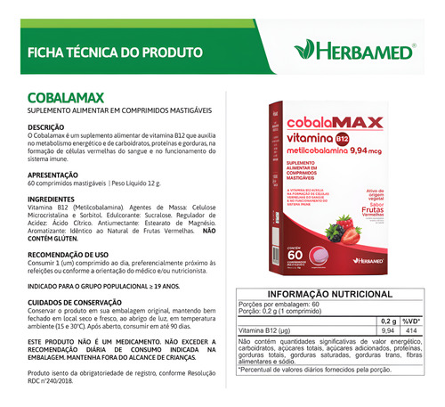 3x Vitamina B12 Metilcobalamina Comprimido Mastigável 9,9mcg