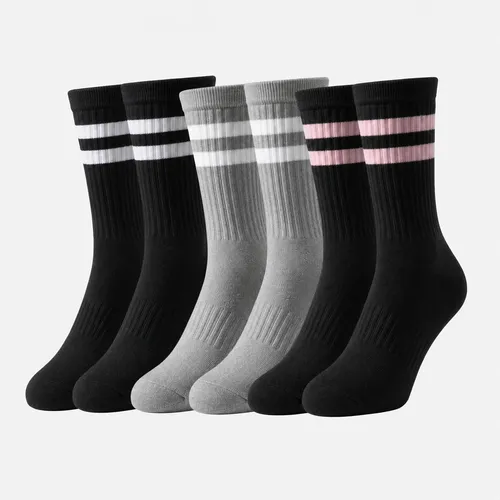 Kit 3 Meias Cano Alto Listrada 100% Algodão Confortável Preto Branco/cinza/preto Rosa Listras 3 Pares
