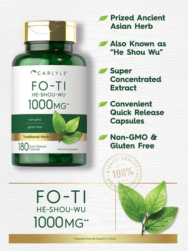 Fo-ti He-shou Wu Root 1000 mg Carlyle 180 cápsulas de sabor neutro