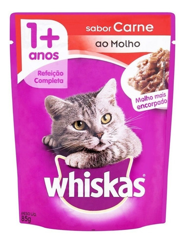 Imagem 1 de 1 de Alimento Whiskas 1+ para gato adulto sabor carne ao molho em sachê de 85g