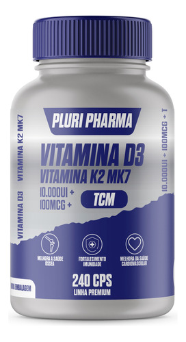 Vitamina D3 10.000ui +  Vitk2 Mk7 100mcg C/240 Cápsulas