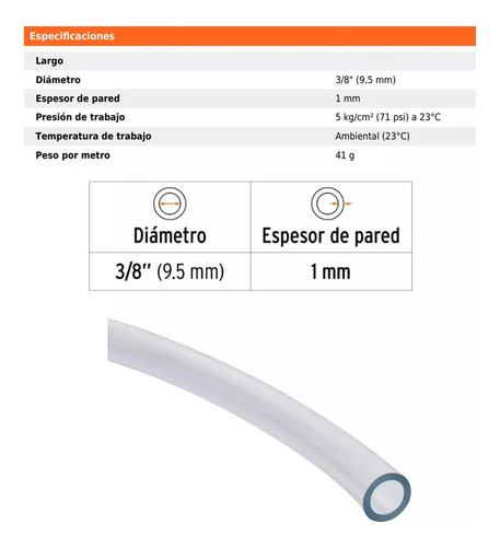 10 Mts Manguera Flexible 9.5mm 3/8 PuLG Nivel Pecera Oxígeno