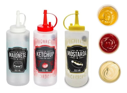 Kit 3 Bisnagas Pote Decorado Maionese Ketchup 350ml + Brinde