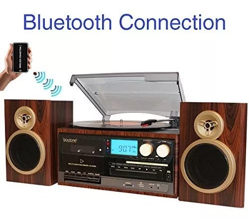 Boytone BT-24MB tocadiscos Bluetooth de estilo clásico con radio AM/FM,  reproductor de CD/cassette, 2 altavoces estéreo separados, grabación de
