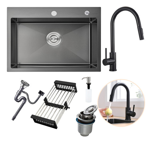 Kit Cuba Gourmet Com Completa Acessórios 60x45 Cm Pia Bancada Cozinha E Torneira Monocomando Extensível Preta Yesop