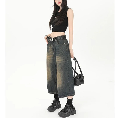 Vaqueros Anchos, Pantalones Cortos, Cintura Media, Mezclilla