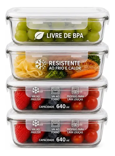 Kit 4 Potes Vidro 640ml Hermético  Marmita Forno Refratário Transparente