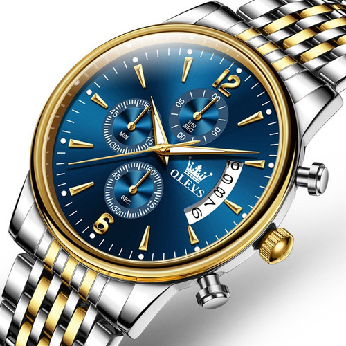 Relógio De Quartzo Com Cronógrafo De Luxo Olevs Calendar Correia Silver Golden Blue