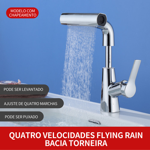 2025 Torneira De Cozinha E Banheiro Monocomando Flexível 4 Modos Misturador Aço Inoxidável 304 Brilhante - Gourmet C/ Base Giratória E Saída Cascata | Pia/bancada +60cm Tubo Dorofox