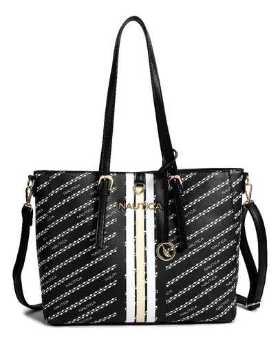 Bolsa Tote Nautica Mujer Color Negro Acabado De Los Herrajes Níquel Diseño De La Tela Liso