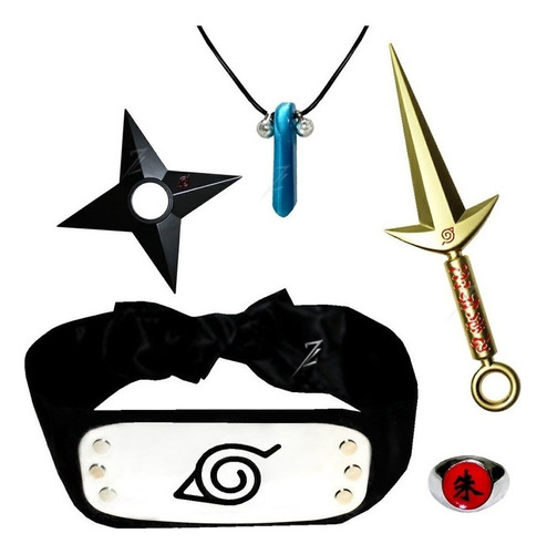 Naruto Set 5gold Banda, Token, Shuriken, Anillo Y Collar