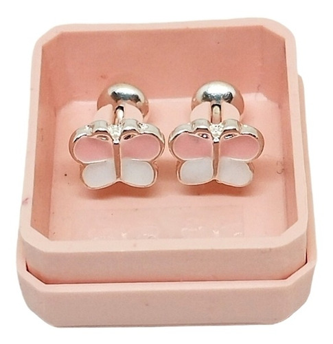 Aritos Abridores Plata 925 Esmaltado Mariposa Rosa Y Blanco 