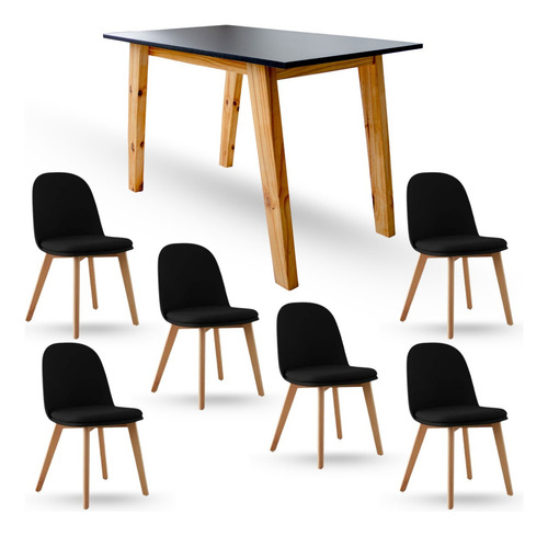 Juego Comedor Nórdico Mesa Escandinava 180 + 6 Sillas Vita Negro