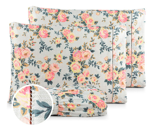 Jogo Lençol Casal Queen 400 Fios Percal Conforto Londres 3pç Cor Floral Cinza E Rose Desenho Do Tecido Estampado