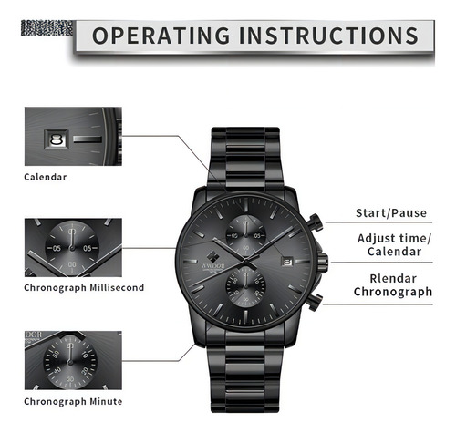 Reloj Cronógrafo Woor Steel Belts Con Calendario Simple Color del bisel Negro Color del fondo Negro