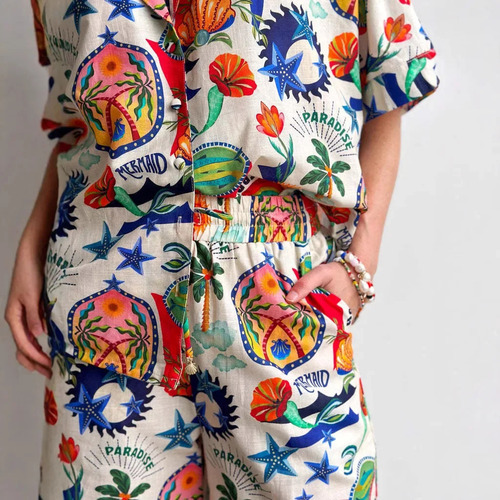 Traje De Lino Filiduo Con Estampado De Plantas Y Flores, Oto