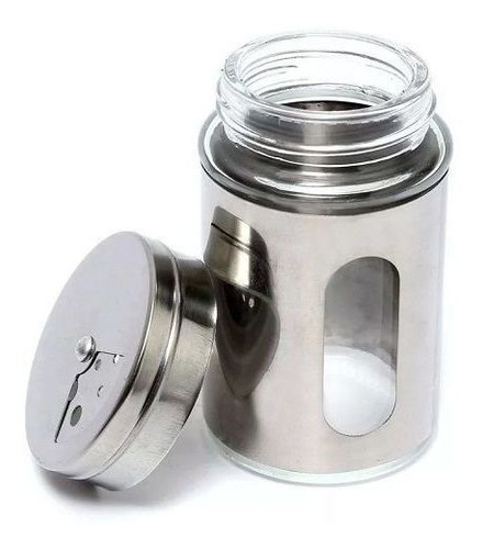 Imagem 1 de 4 de Saleiro Pimenteira Porta Condimentos Vidro E Inox Com Visor