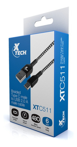 Cable Trenzado 1,8 Metros Usb-c Carga Rápida Xtech Xtc-511