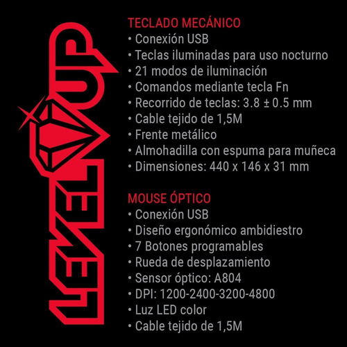 Imagen 5 de 5 de Combo Kit Gamer Teclado Mecanico + Mouse Optico Level Up