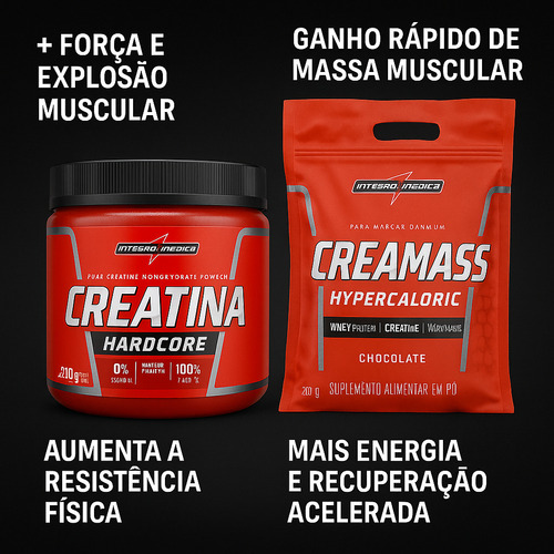 Kit Creatina Hardcore 300g Com Hypercalorico Creamass 3kg Sabores Chocolate