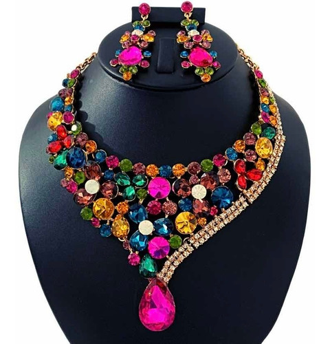 Radiante Set Collar Aretes Cristales Austriacos Chapado En Oro Diamantes De Imitación Zirconias Rainbow Fiesta Color Dorado
