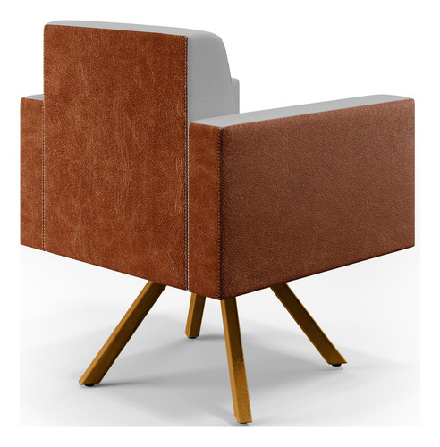 Poltrona Decorativa Base Giratória de Madeira Helô L02 Linho Cinza Couríssimo Camel