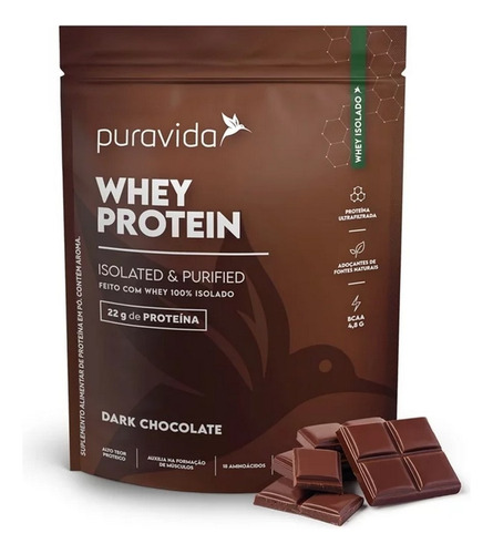 Whey Protein Puravida 100% Isolado 450g - Whey Para Receita Sabor Dark Chocolate