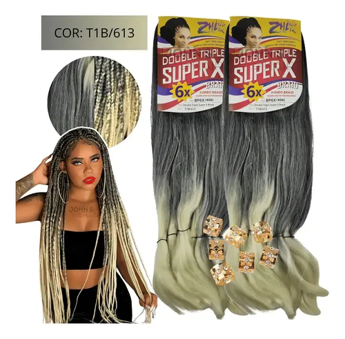Kit 2 Pacotes Cabelo Jumbo Super X Box Braid 400g + Anéis Cor Ombre Hair Loiro T1b/613