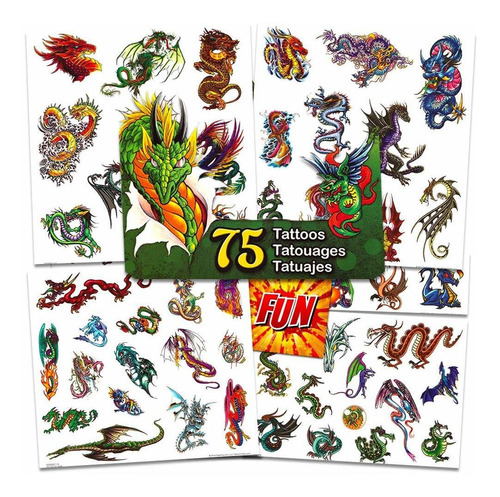 Dragon Set De Tatuajes Temporales Para Fiesta  75 Dragones