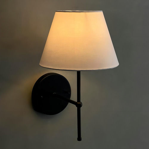 Arandela De Parede Preto Sala De Estar / Lateral De Cama / Quarto Em Aluminio Com Cupula Branco Tecido Algodao Soquete E27 Tensao Bivolt