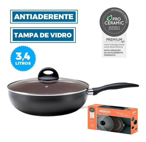 Wok C/ Tampa Brinox Ceramic Life Smart Plus 3,4l Preto