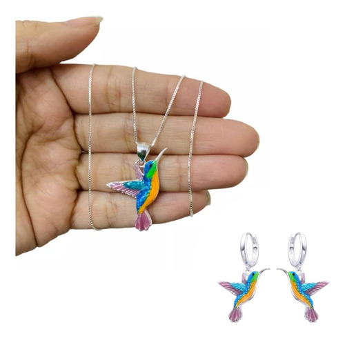 Set Cadena Aros Dije Plata 925 Colibrí Esmaltado Mujer