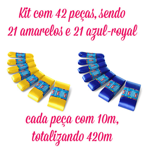 420m Fita Cetim 10cm 42 Pcs C/10m Cada Amarelo E Azul-royal