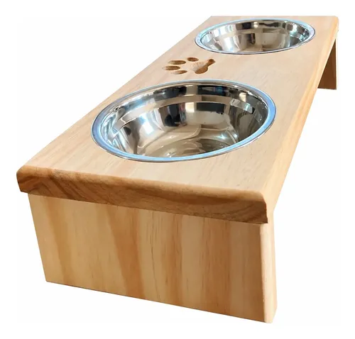 Comedouro P/ Gato Cachorro Pet Elevado Duplo 2 Potes Madeira Madeira Pinus