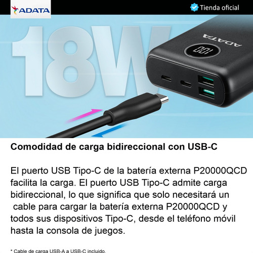 Imagen 3 de 10 de Adata P20000qcd Power Bank 20000mah Carga Rápida Qc/pd, Blan