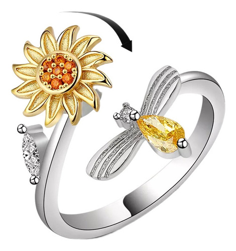 Anillo Giratorio Girasol Con Abejas De Diamantes