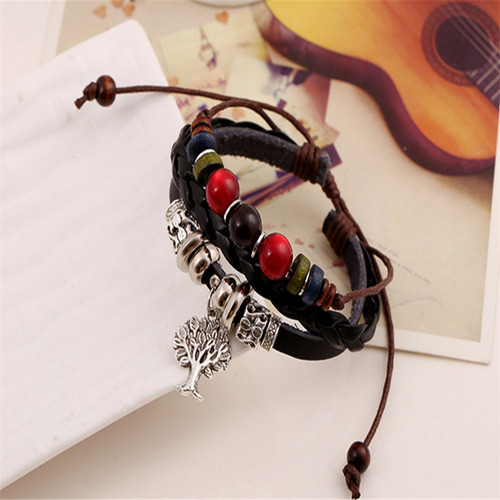 Pulsera De Cuero Genuino Con Cuentas