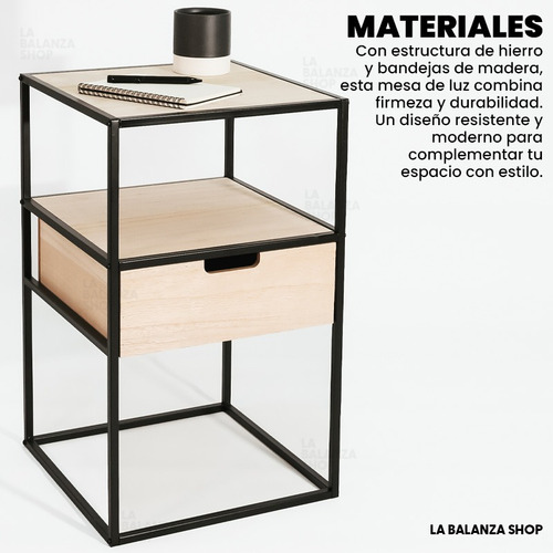 Set 2 Mesas De Luz Diseño Industrial Madera Hierro Con Cajón
