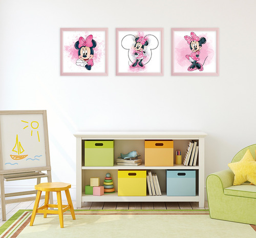 Tríptico Minnie Acuarela Canvas Y Marco Cuadro Decorativo