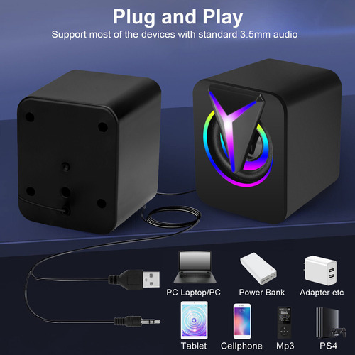 Altavoces de ordenador con cable USB mini USB RGB de 3,5 mm, graves estéreo para PC, portátil y escritorio