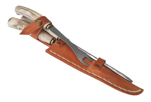 Imagen 2 de 4 de Set Asador Artesanal C/ciervo 18cm Cuchillo Tenedor Chaira