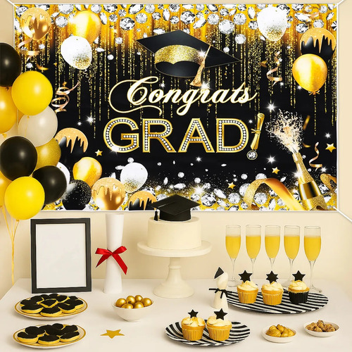 1 Pieza 150×100cm Graduación Telón de Fondo Negro y Dorado 2025 Decoración de Fiesta de Graduación