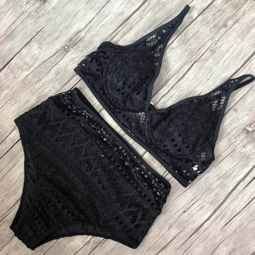 Conjunto De Bikini Con Cuello En V Y Cintura Alta Con Encaje