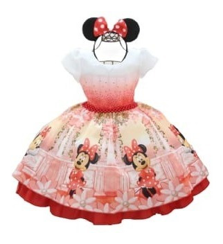 Vestido Festa Infantil Luxo Tema Minnie Vermelho 1 A 12 Anos