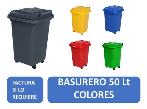 Imagen 1 de 3 de Basurero Contenedor De Basura 50 Litros Con Ruedas - Colores