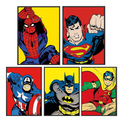 Kit De 5 Cuadros Superheroes Retro