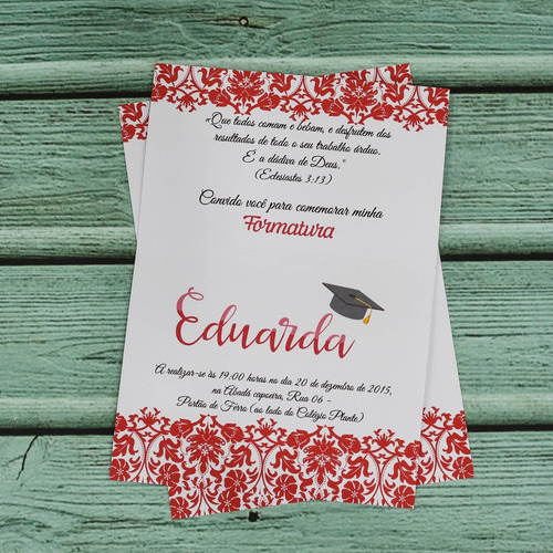 Imagem 3 de 5 de 50 Convites De Formatura Floral Vermelho Barato Simples