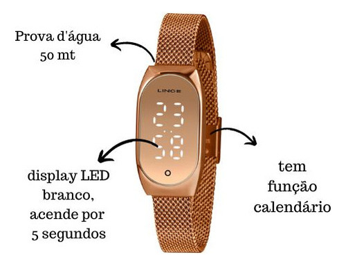Relógio Lince Feminino Ouro Rose Digital Led Ldr4706l Touch